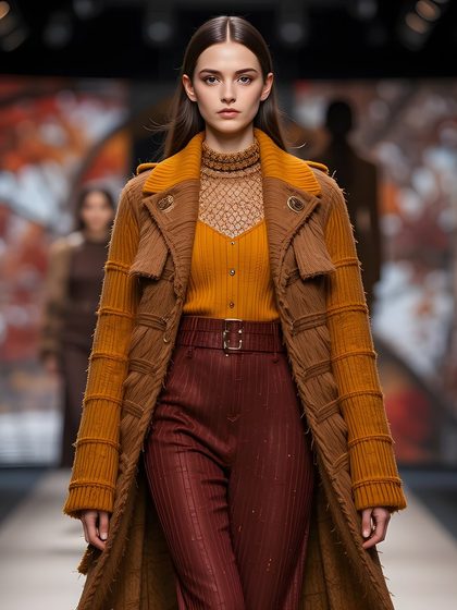 Model in a camel coat and burgundy pants