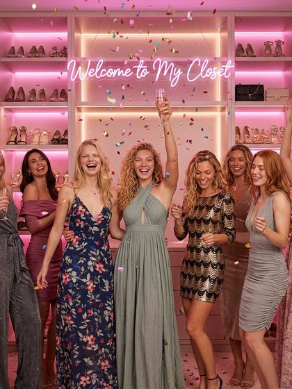 Models in dresses in a pink closet