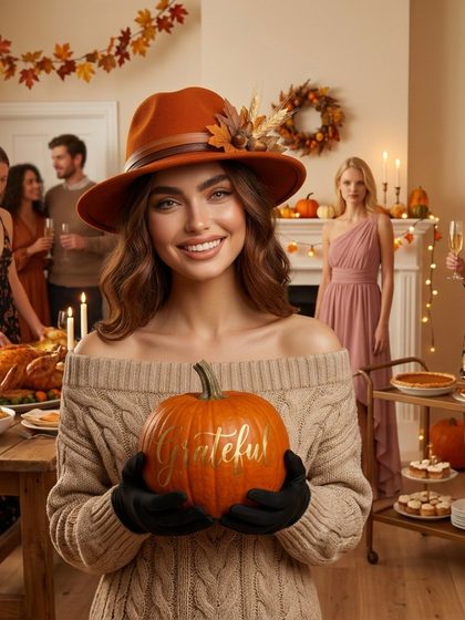 Model in a fall hat and sweater